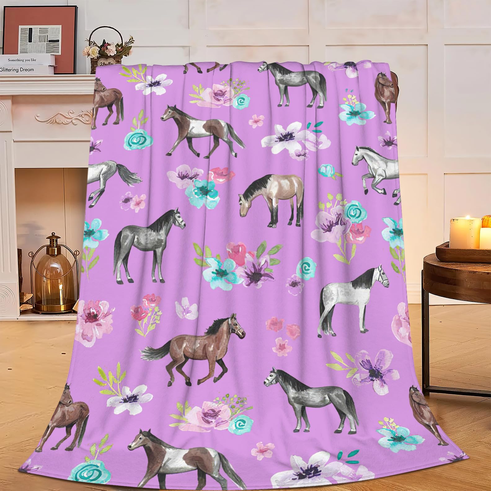 Horse Throw Blanket Super Soft Warm Pink Floral Horse Blanket For Girls Kids, Cozy Plush Fleece Farm Animal Horse Gifts Bedding